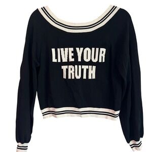 Live Your Truth Cropped V-Neck Stretchy Black Sweater White Trim Junior Size L‎